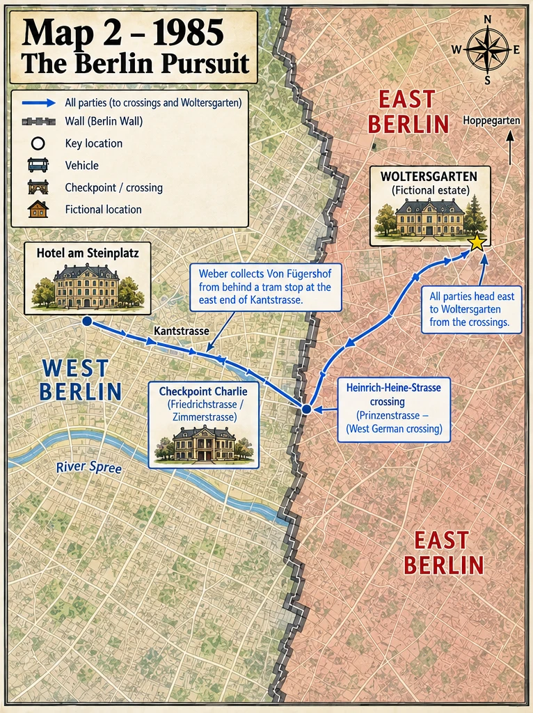 Map of the 1985 pursuit through divided Berlin, from Kantstrasse via the border crossings to Woltersgarten